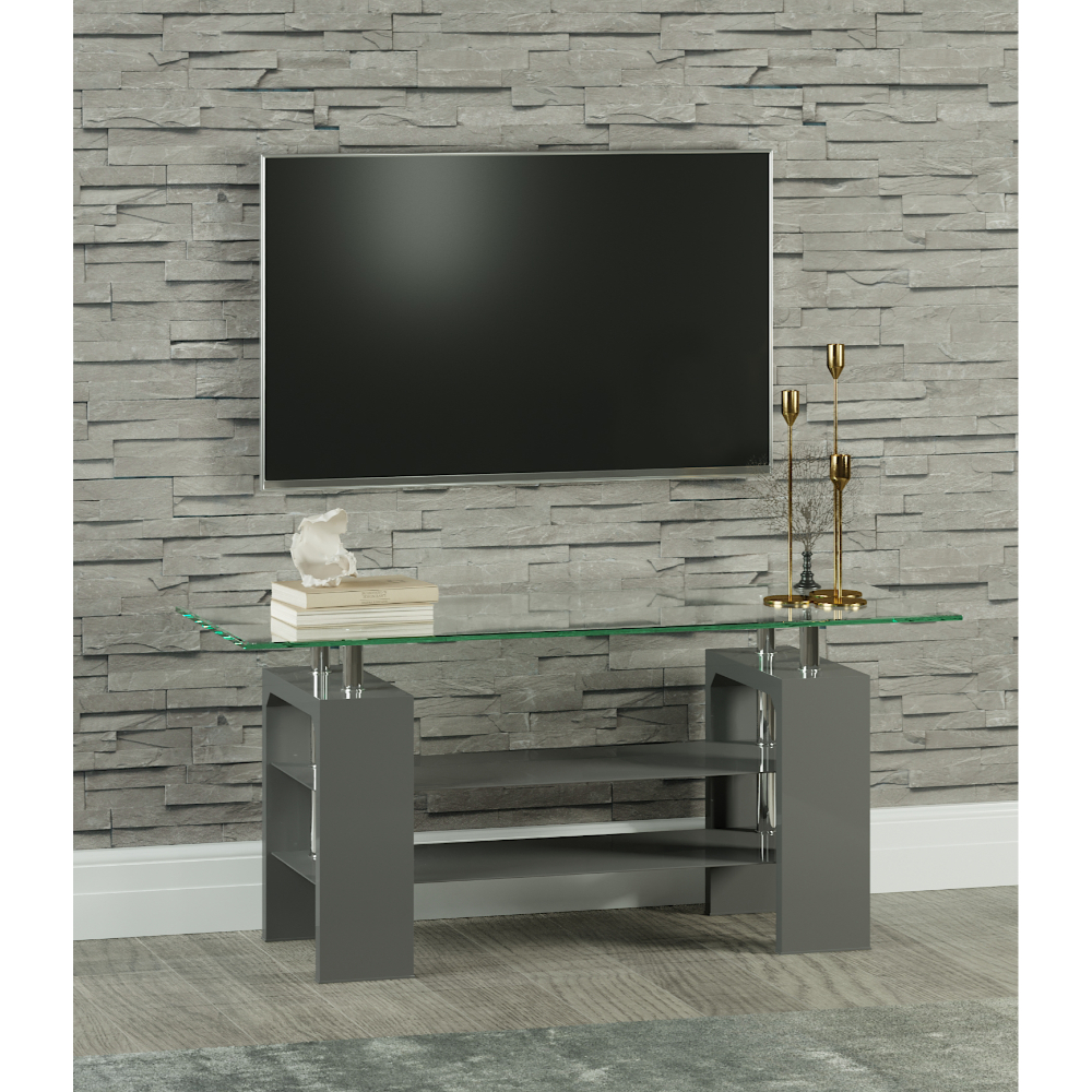 Metro High Gloss Clear Glass TV Stand Grey Hyde Park Furniture